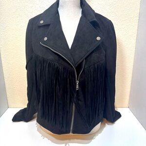 LA Coalition Jacket Fringe Moto Womens SZ L Black Zip Polyester Suede PETA  Appr